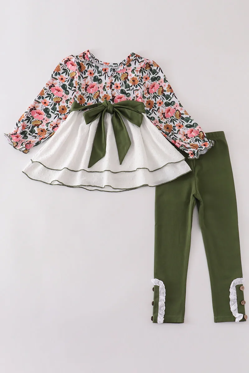 Green Floral Print Swiss Dot Girl Set