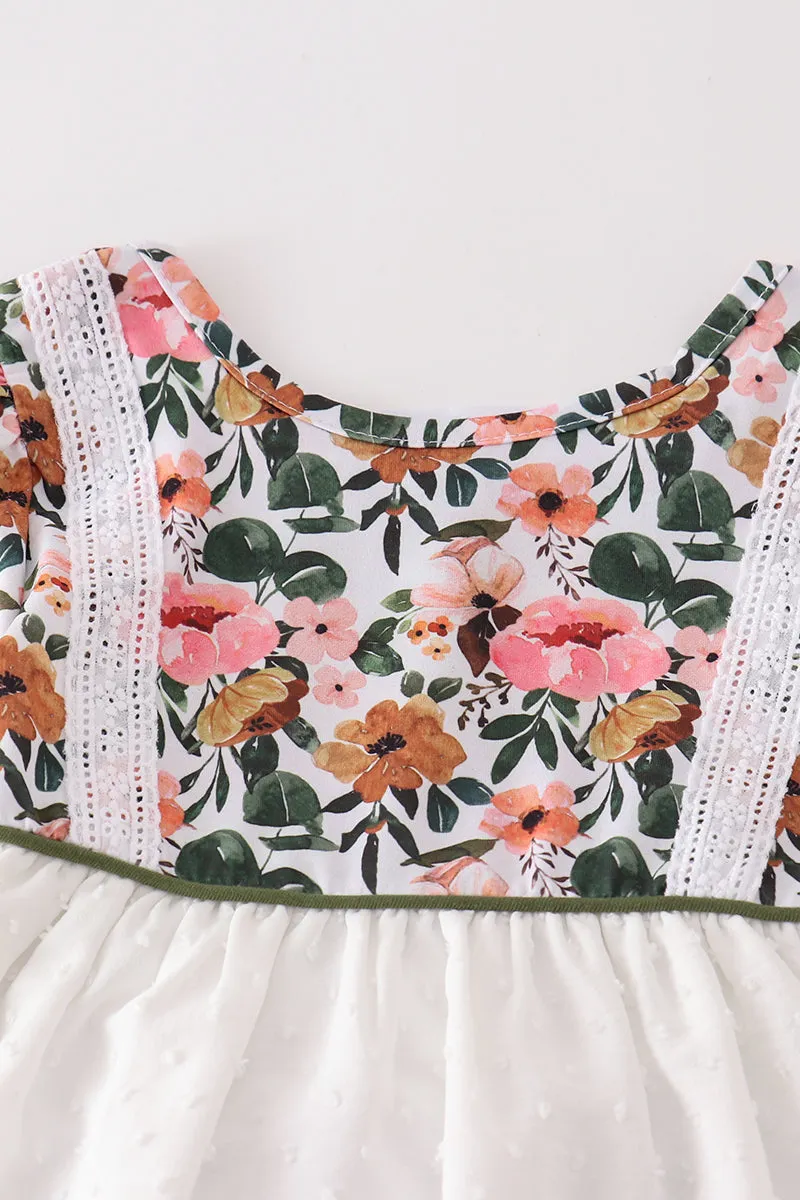 Green Floral Print Swiss Dot Girl Set
