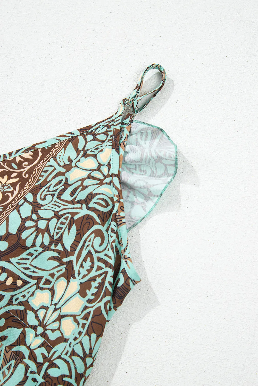 Green Floral Print V Neck Ruffled Trim Backless Tassel Waist Maxi Dress