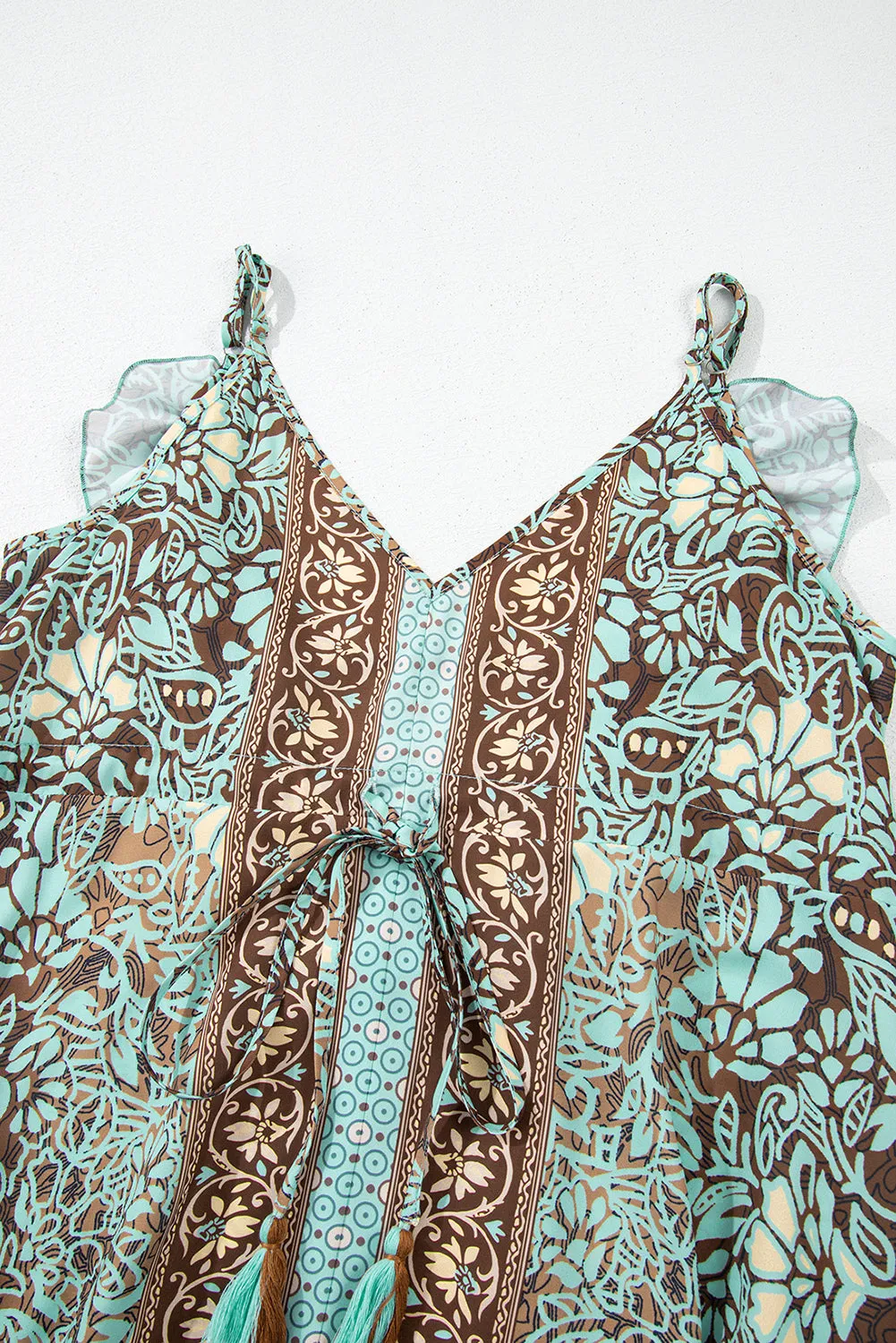 Green Floral Print V Neck Ruffled Trim Backless Tassel Waist Maxi Dress