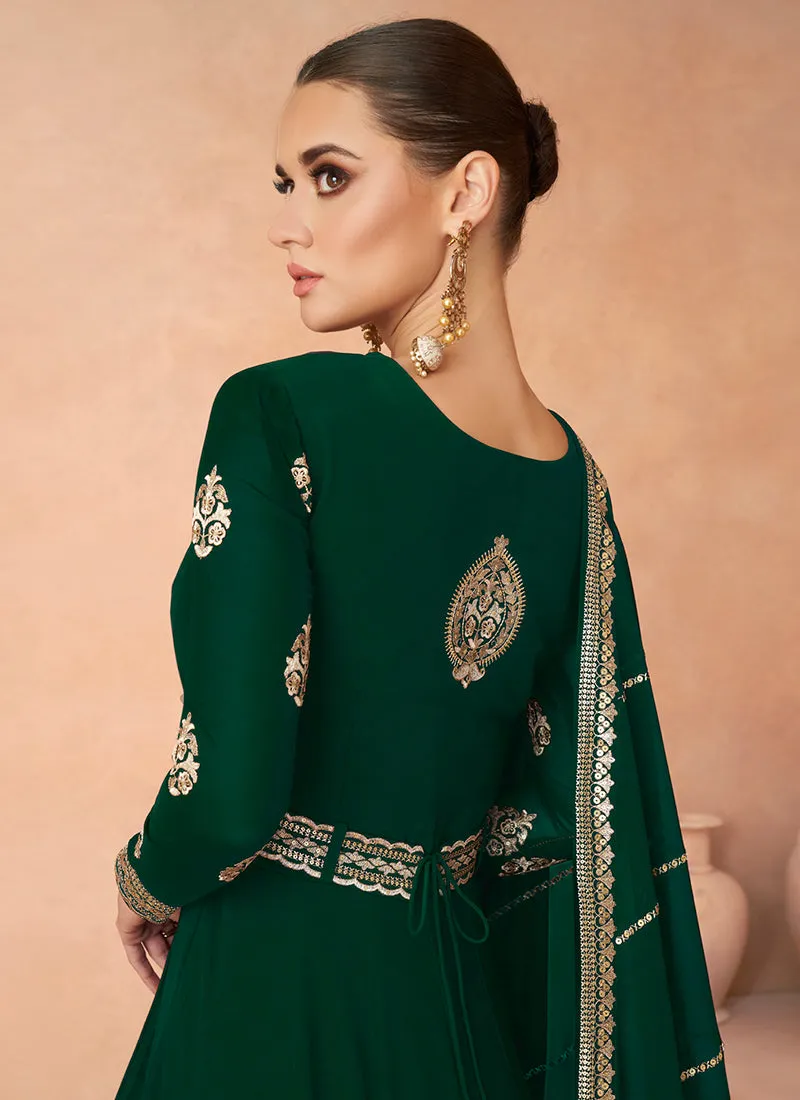 Green Golden Sequence Embroidery Anarkali Gown With Belt