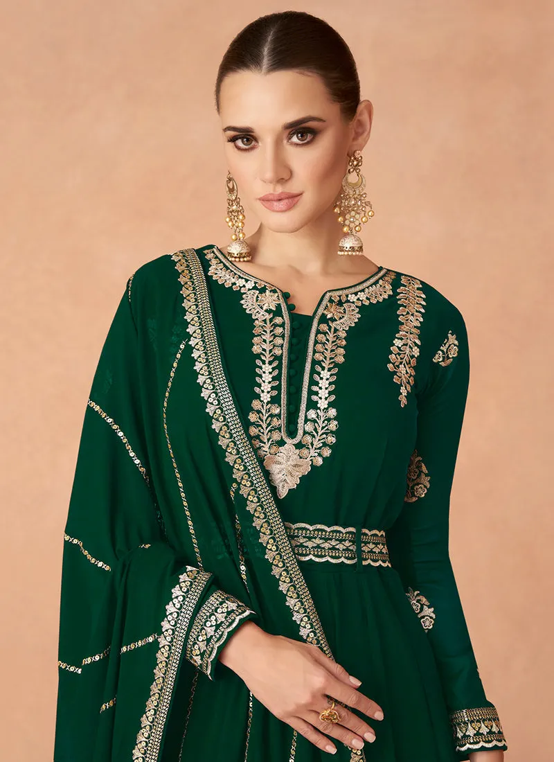 Green Golden Sequence Embroidery Anarkali Gown With Belt