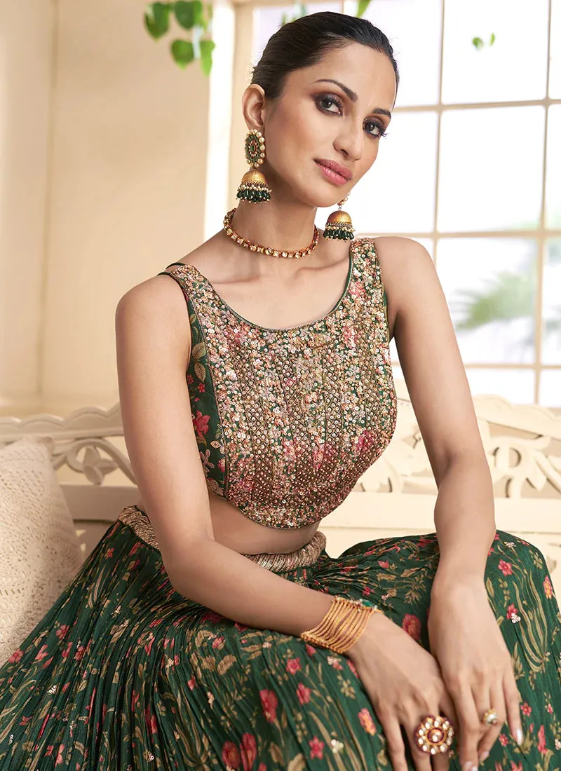 Green Multi Colour Floral Printed Designer Embroidered Lehenga Choli