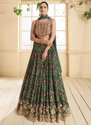 Green Multi Colour Floral Printed Designer Embroidered Lehenga Choli