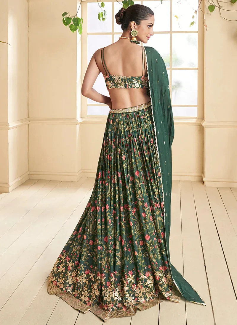 Green Multi Colour Floral Printed Designer Embroidered Lehenga Choli