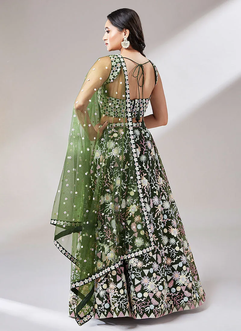 Green Multi Embroidery Lehenga Choli And Dupatta