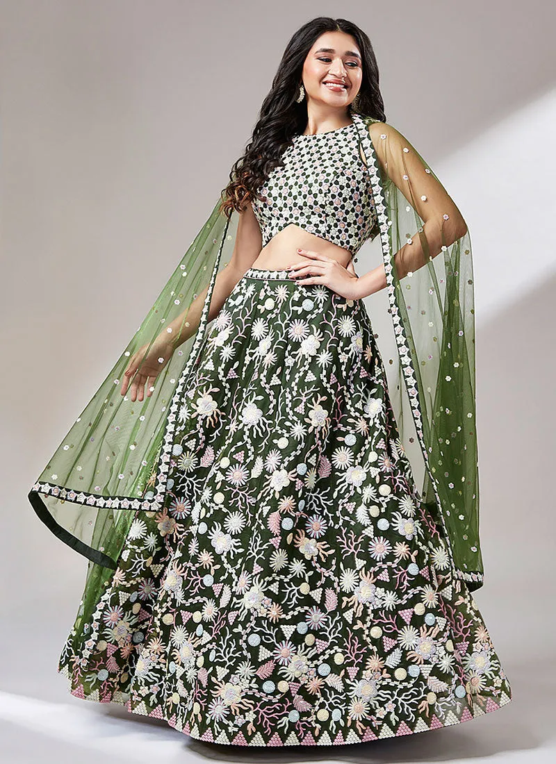 Green Multi Embroidery Lehenga Choli And Dupatta