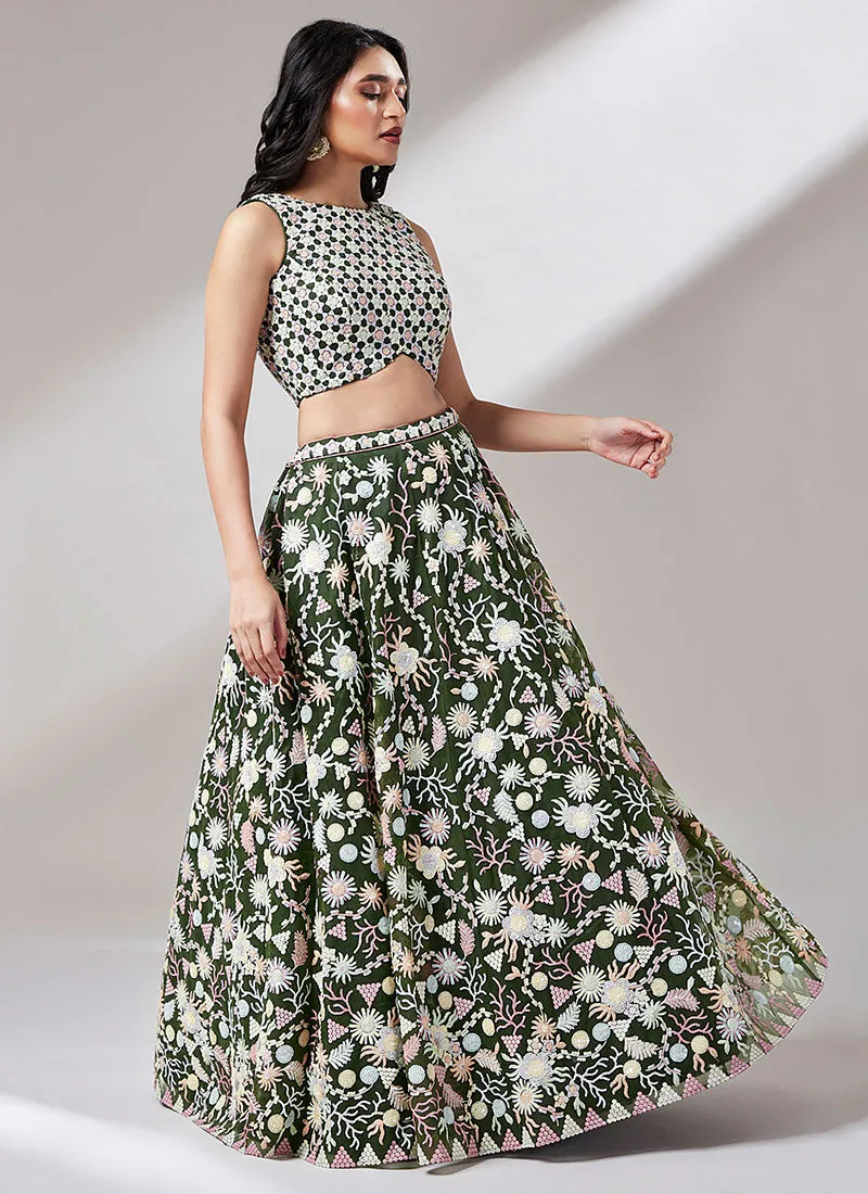Green Multi Embroidery Lehenga Choli And Dupatta
