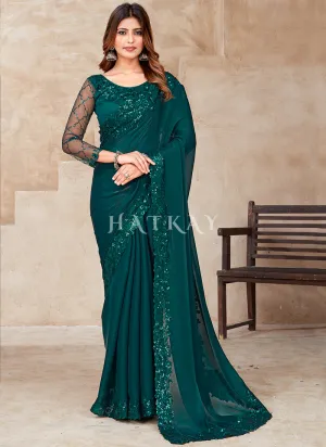 Green Sequence Embroidery Designer Silk Saree