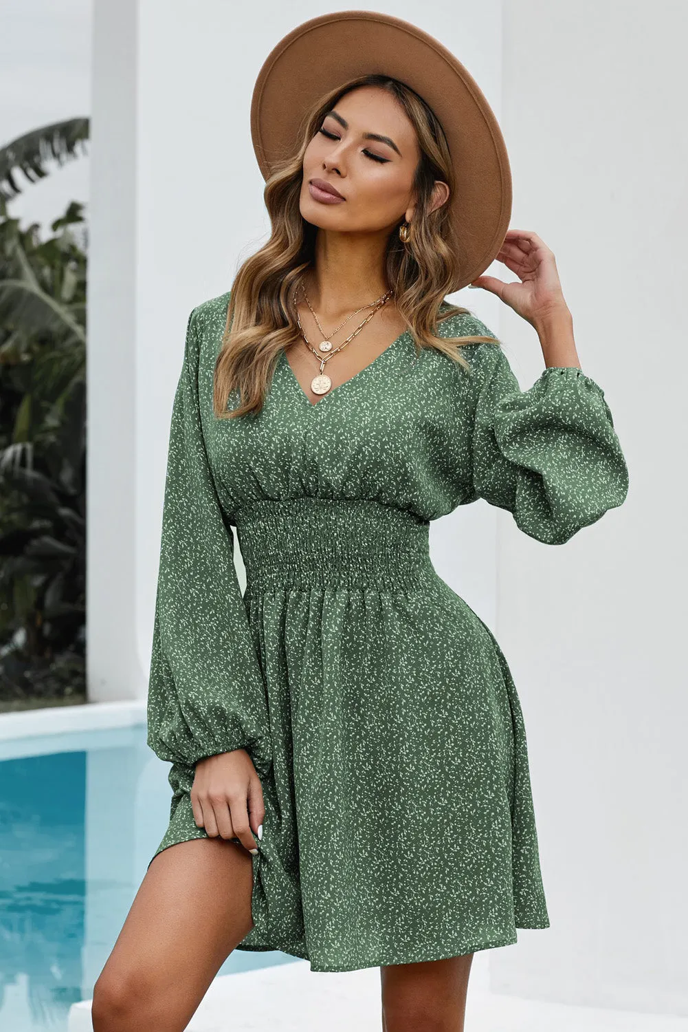 Green V Neck Balloon Sleeve Smocked Waist Printed Mini Dress