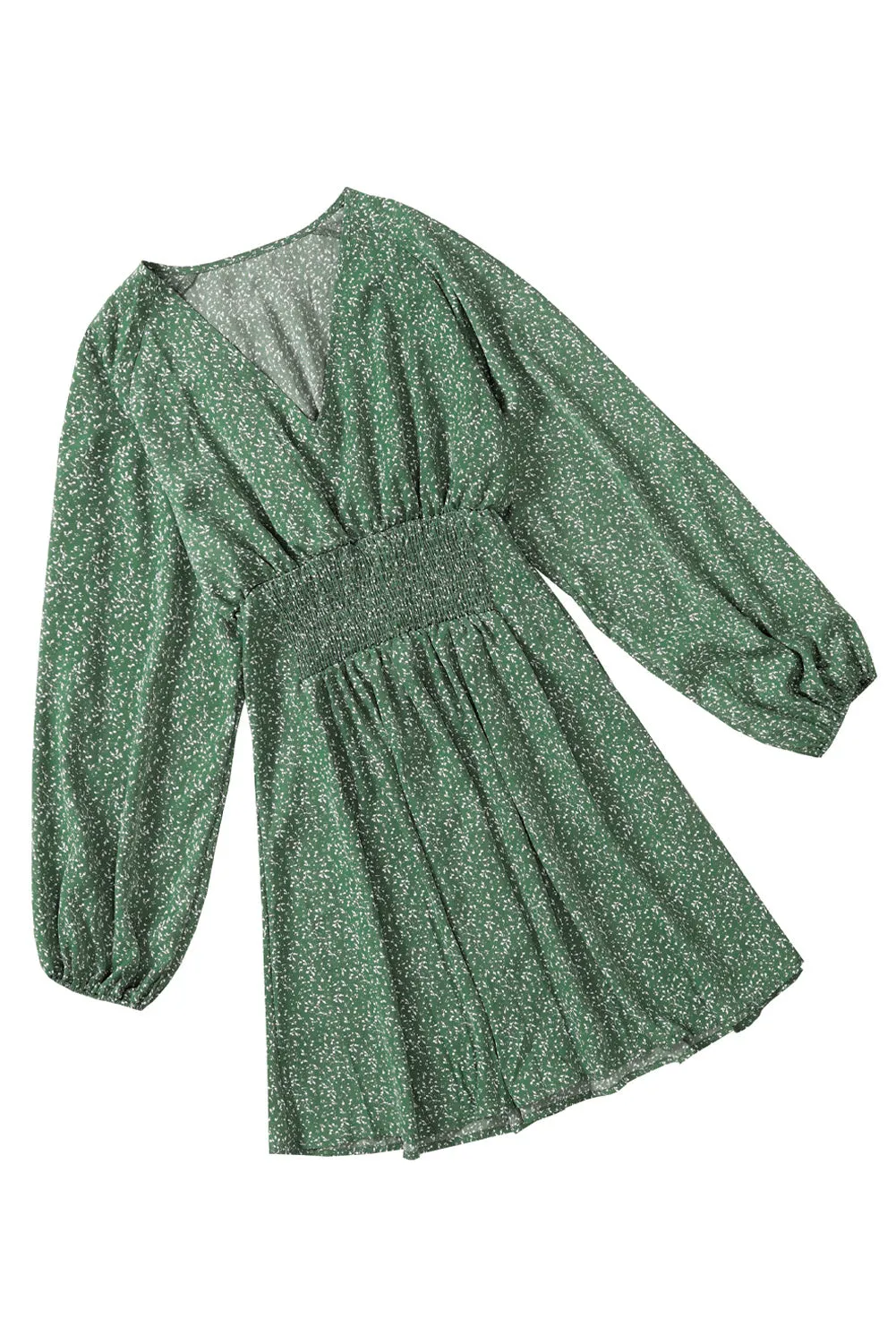 Green V Neck Balloon Sleeve Smocked Waist Printed Mini Dress