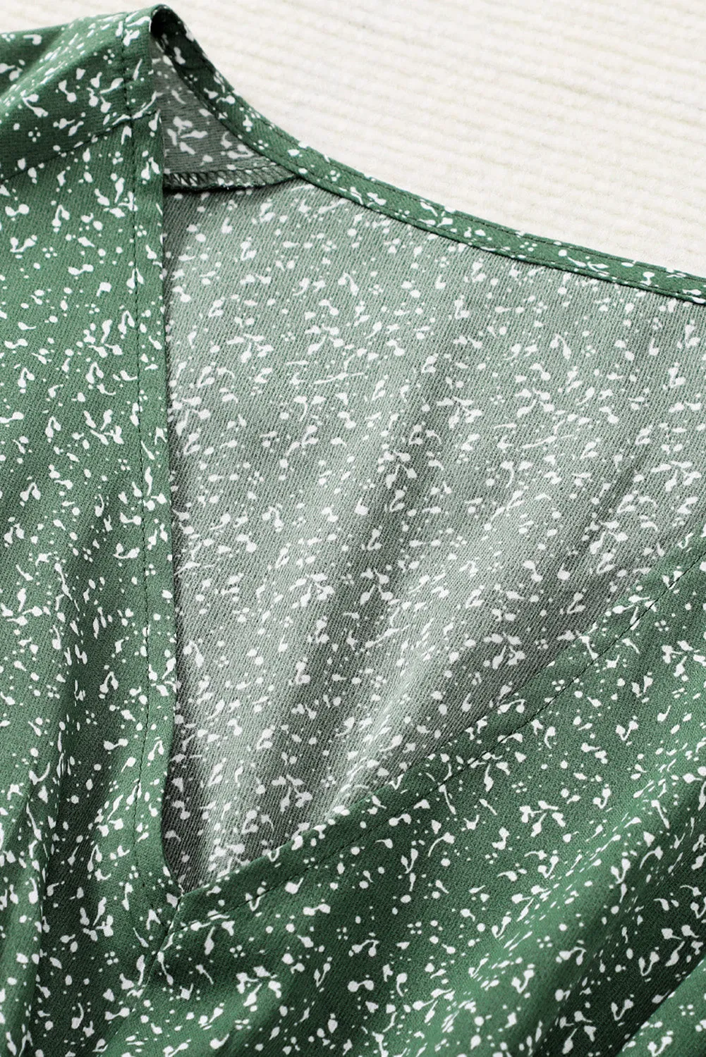 Green V Neck Balloon Sleeve Smocked Waist Printed Mini Dress
