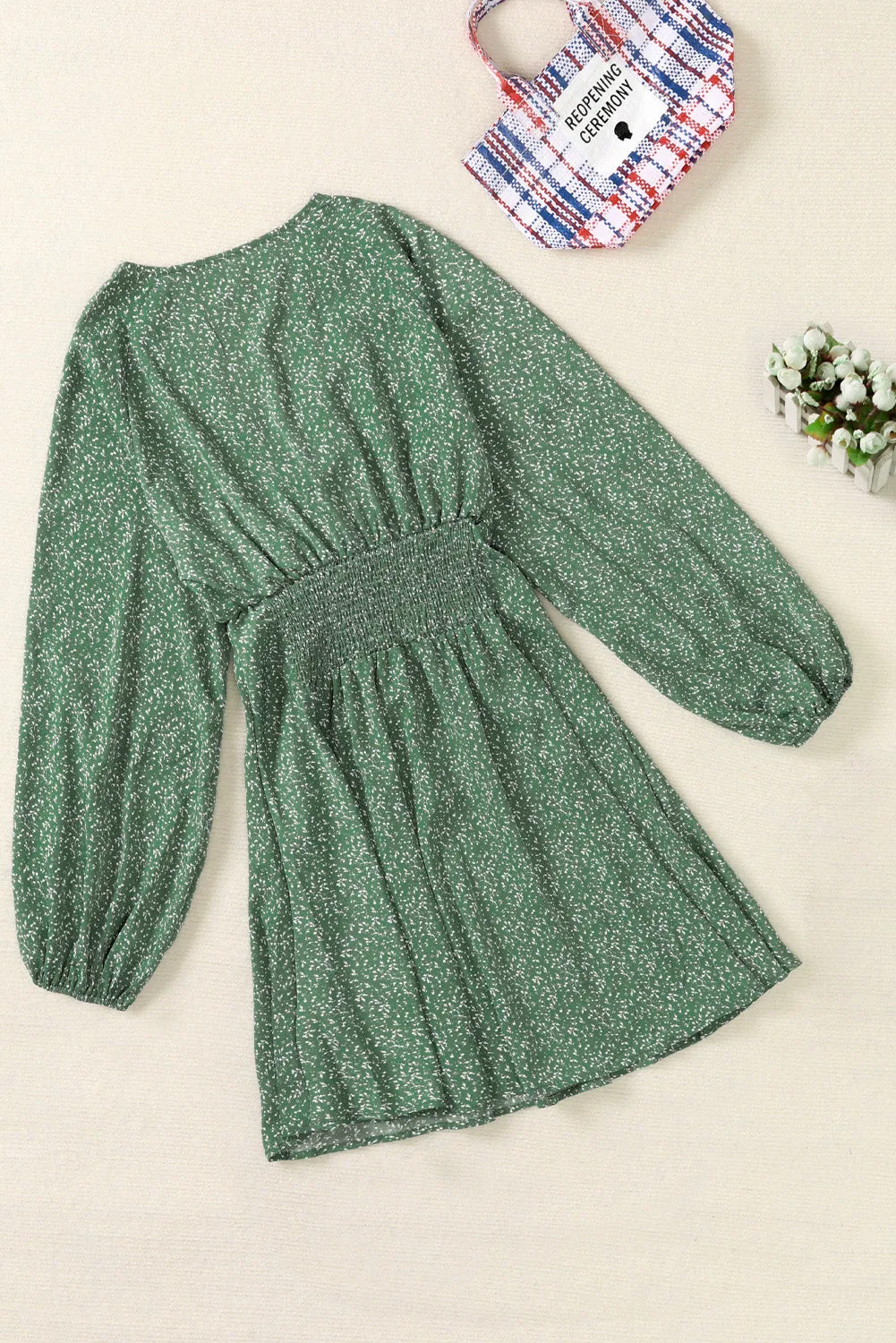 Green V Neck Balloon Sleeve Smocked Waist Printed Mini Dress