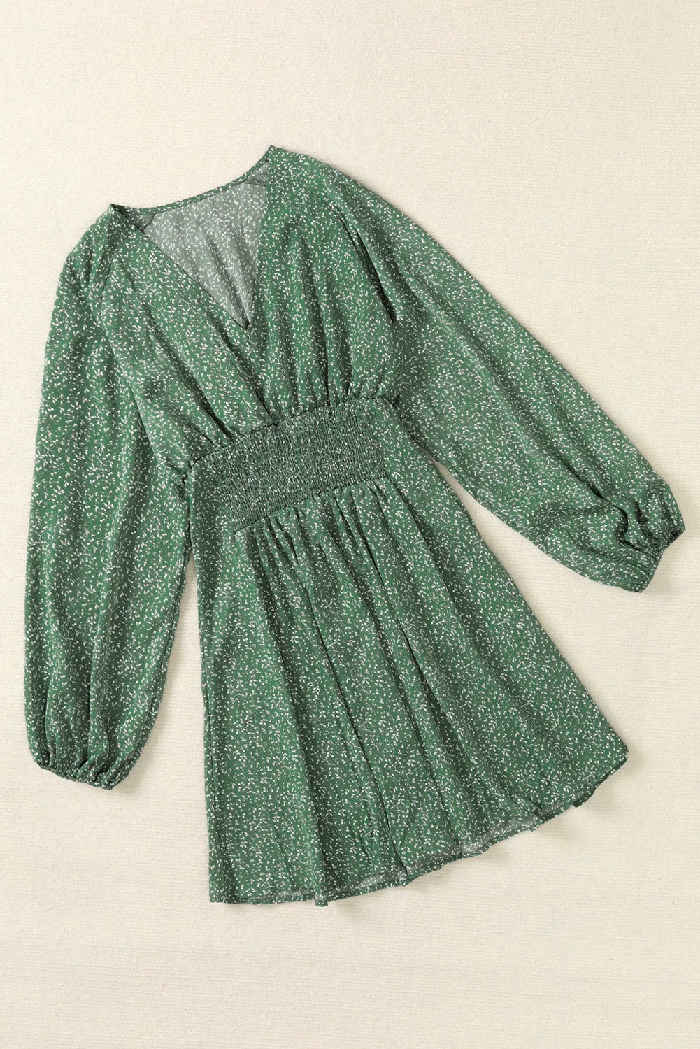 Green V Neck Balloon Sleeve Smocked Waist Printed Mini Dress