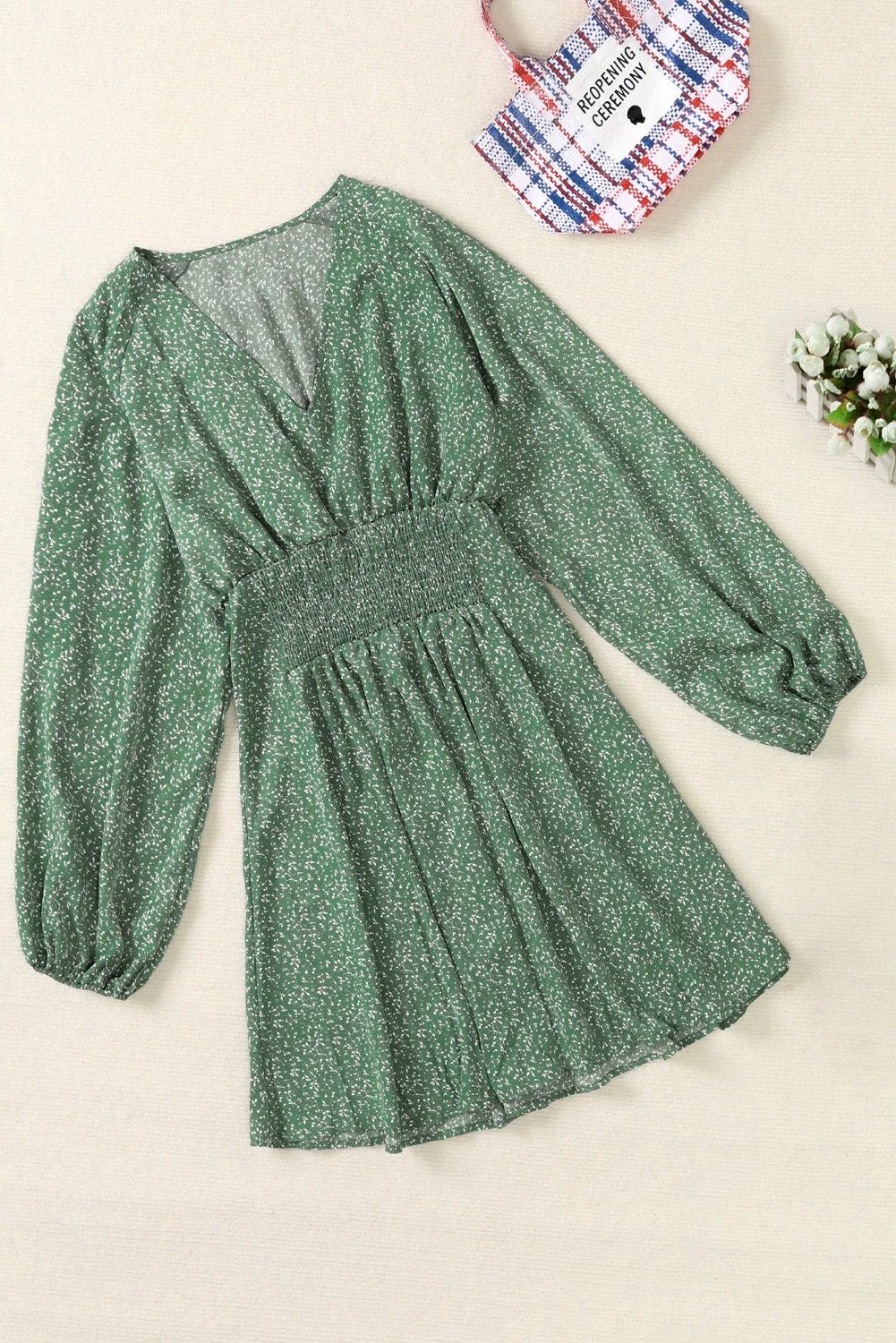 Green V Neck Balloon Sleeve Smocked Waist Printed Mini Dress