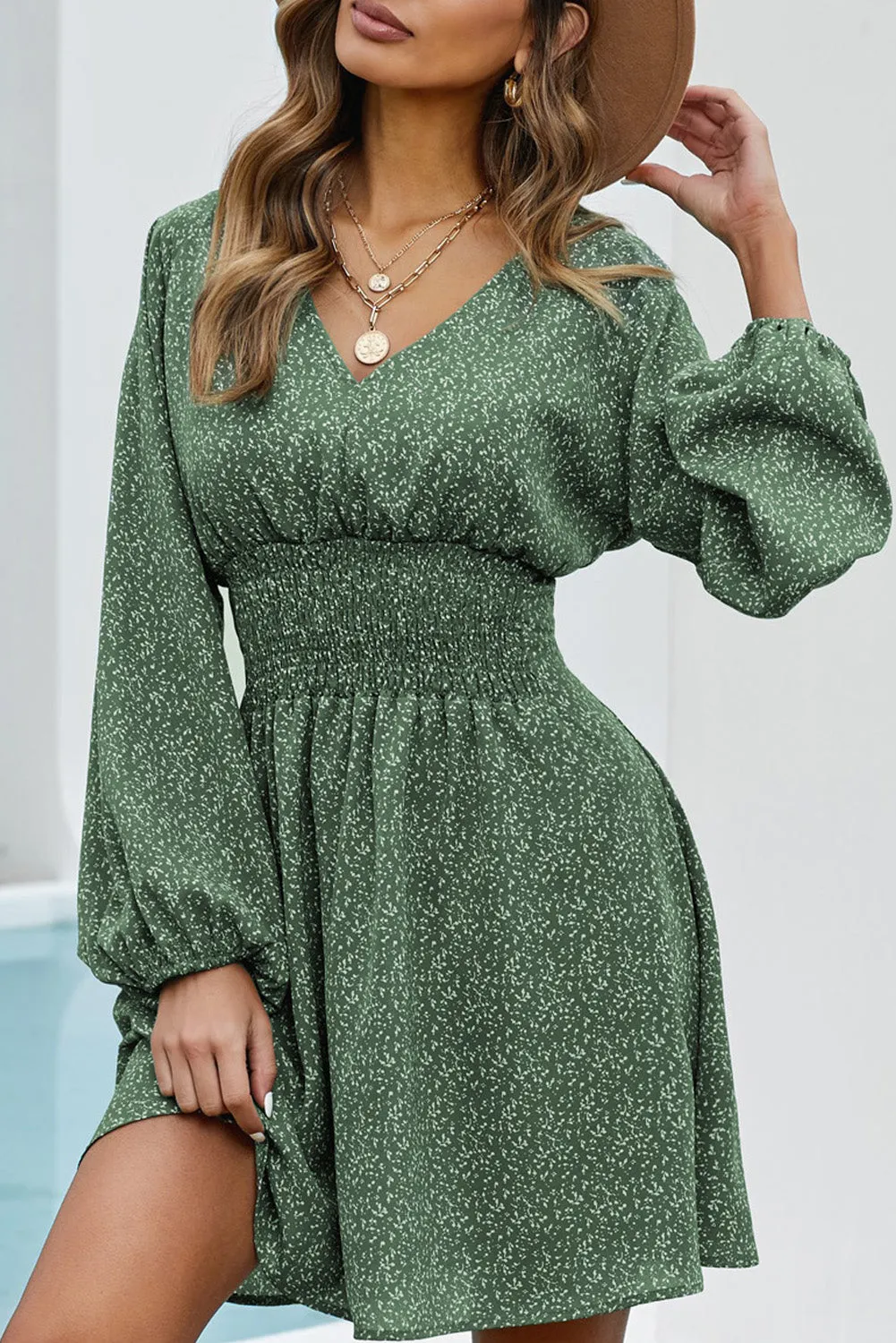 Green V Neck Balloon Sleeve Smocked Waist Printed Mini Dress