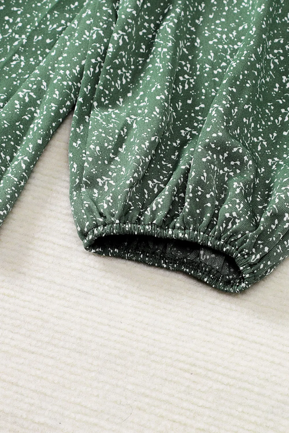 Green V Neck Balloon Sleeve Smocked Waist Printed Mini Dress