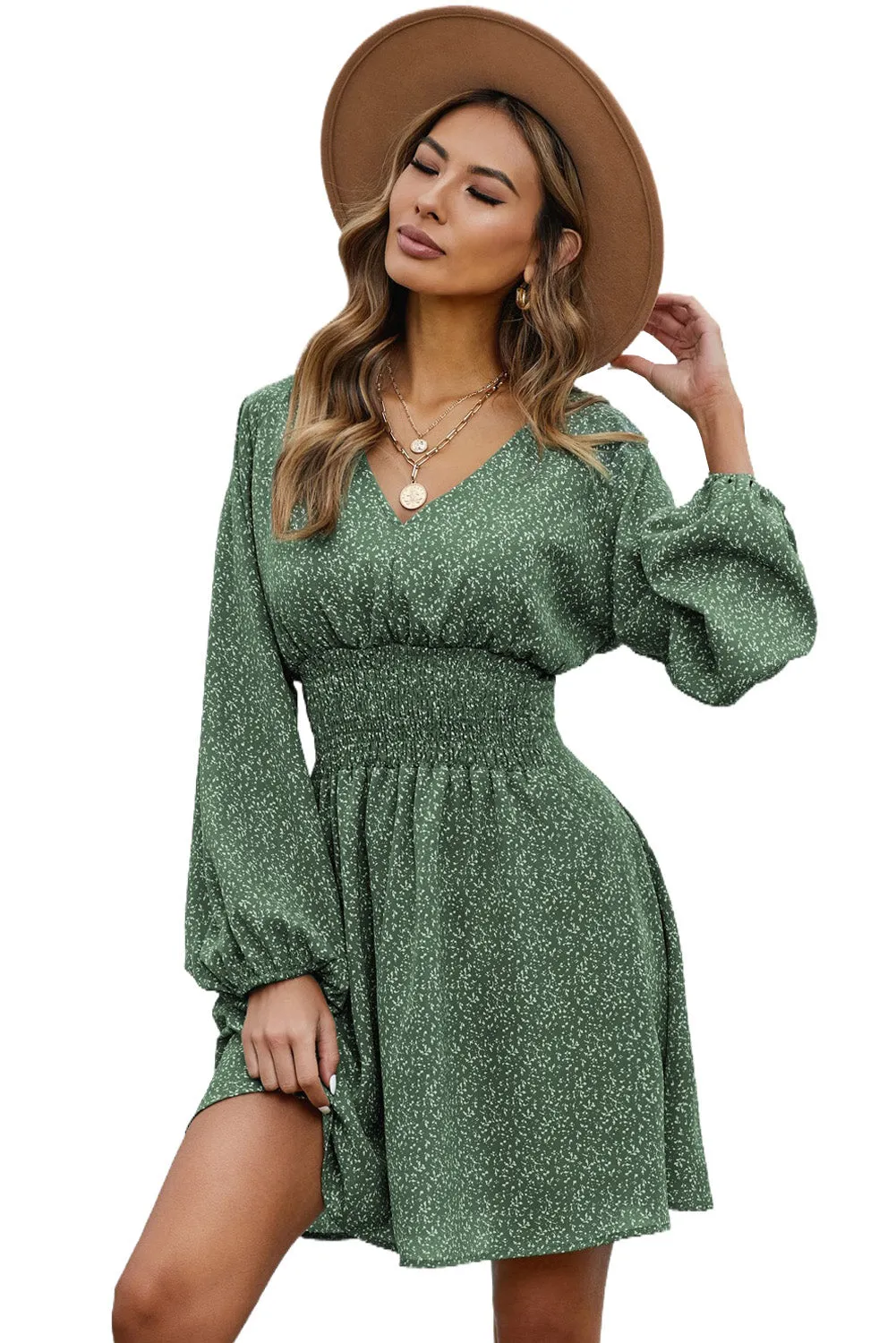 Green V Neck Balloon Sleeve Smocked Waist Printed Mini Dress