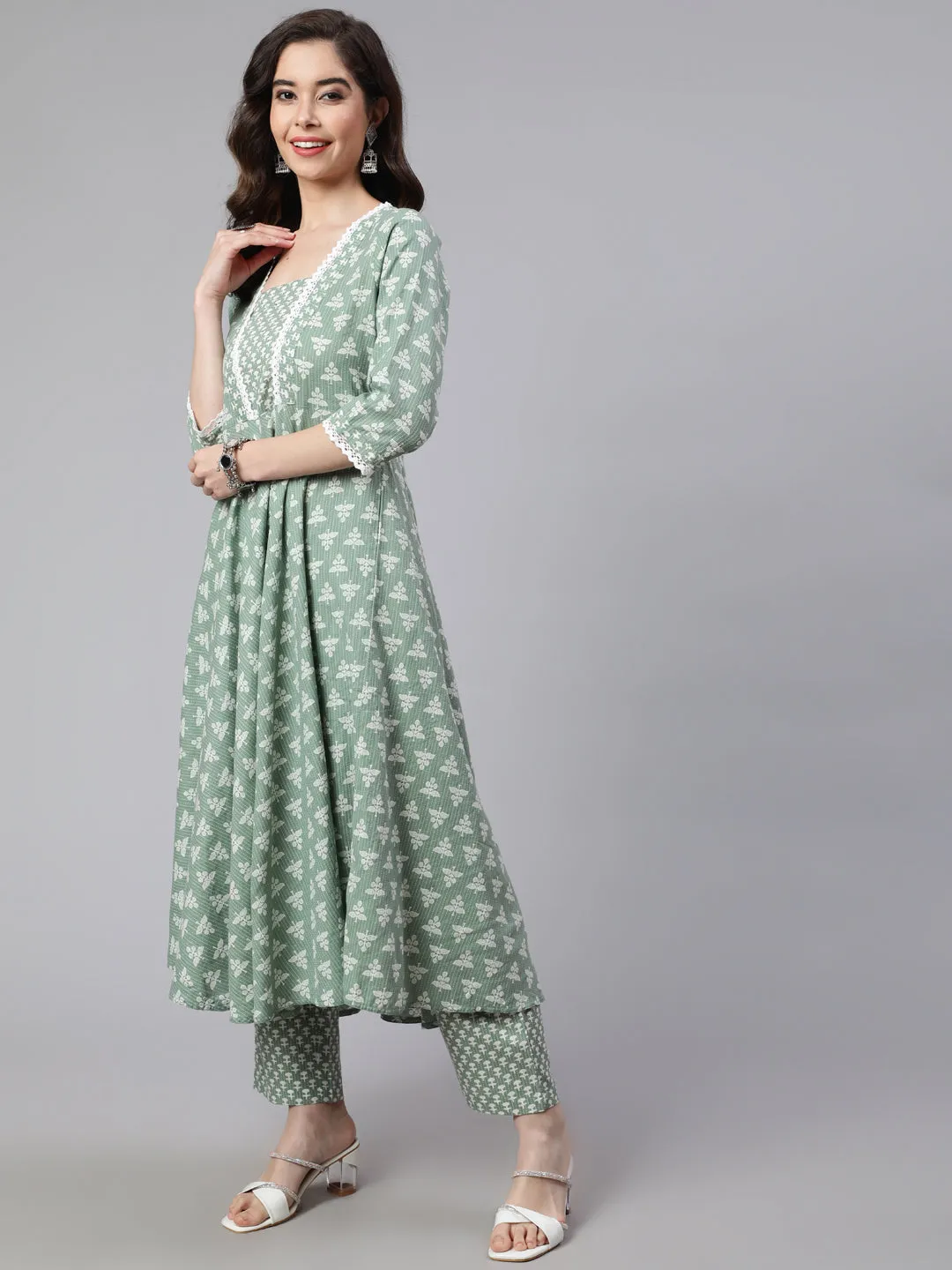 Green Woven Ethnic Print Embroidered Flared Laced Kurta With Printed Palazzo