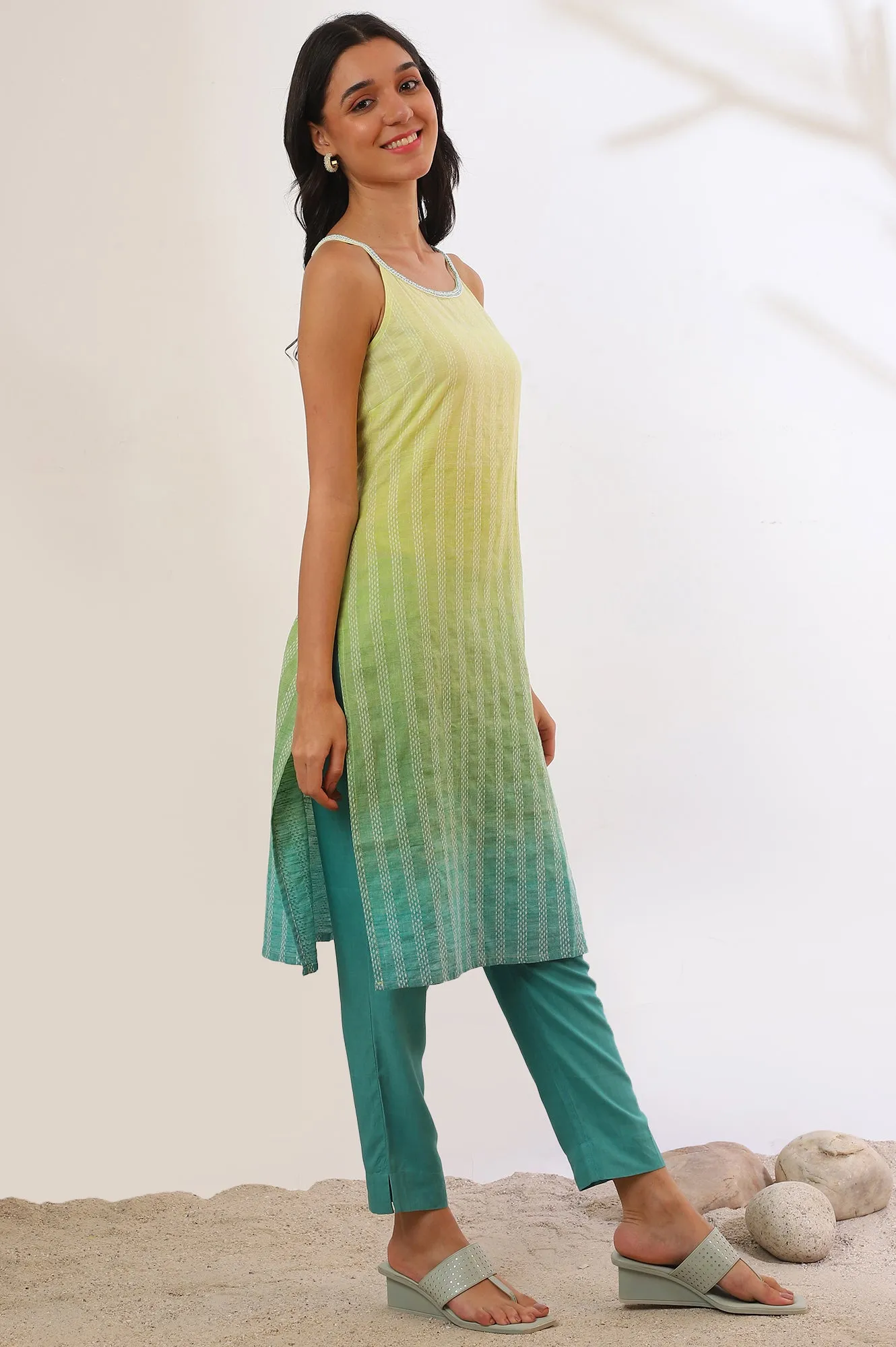 Green Yarn Dyed Pure Cotton Straight Kurta & Trousers Set