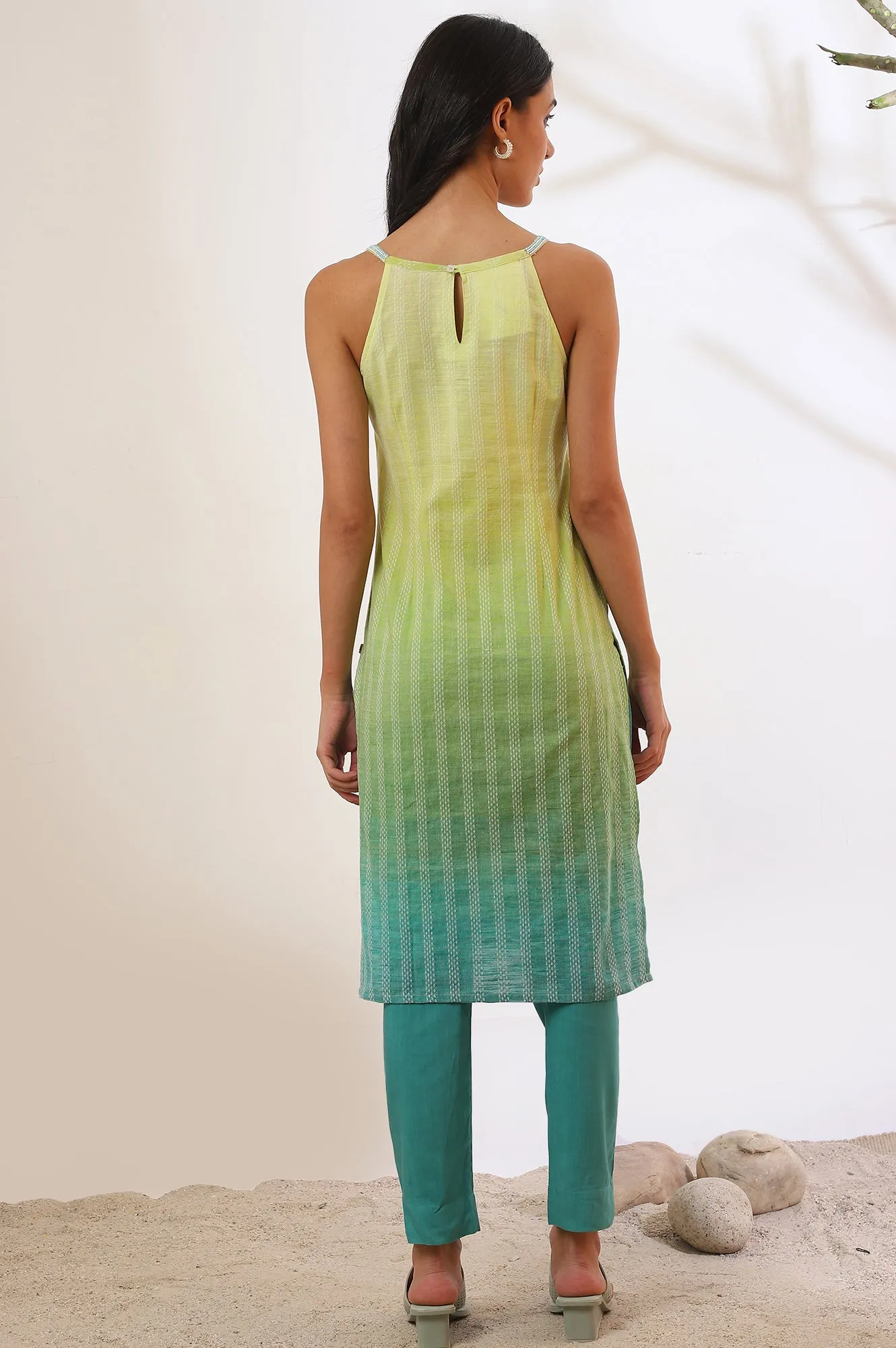 Green Yarn Dyed Pure Cotton Straight Kurta & Trousers Set