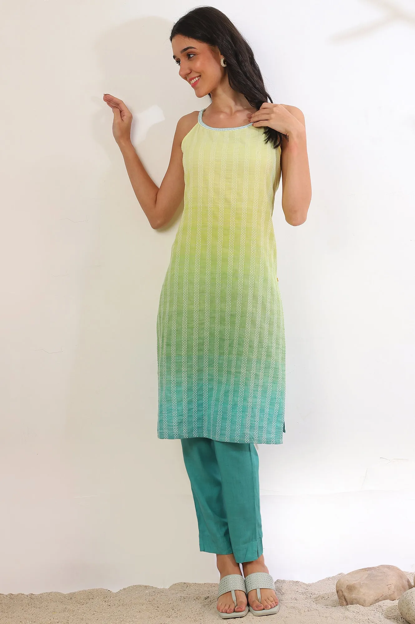 Green Yarn Dyed Pure Cotton Straight Kurta & Trousers Set