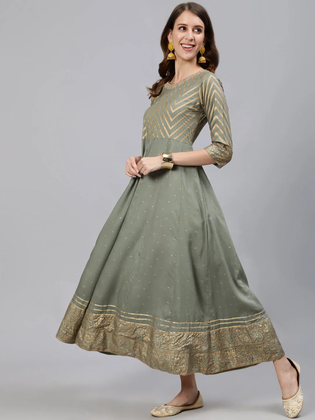 Grey & Golden Ethnic Motifs Print Anarkali Flared Kurta