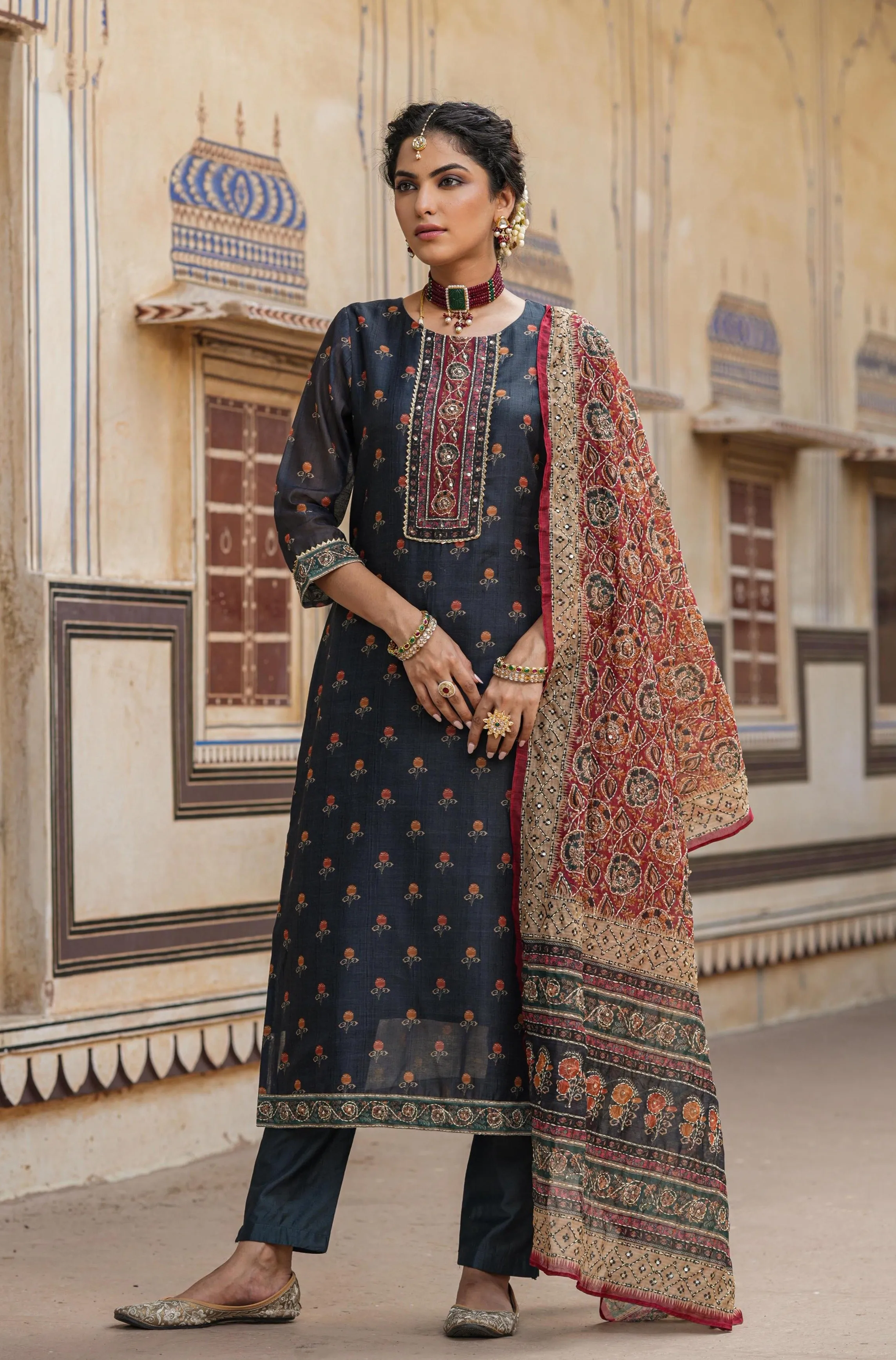 Grey Chanderi Silk Kantha Embroidered Kurta Pant Dupatta Set