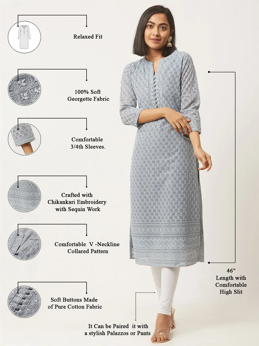 Grey Georgette Mandarin Collar 3/4th Sleeves Chikankari Embroidery Ethnic Wear Kurta for Women - ZOLA