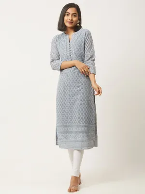 Grey Georgette Mandarin Collar 3/4th Sleeves Chikankari Embroidery Ethnic Wear Kurta for Women - ZOLA