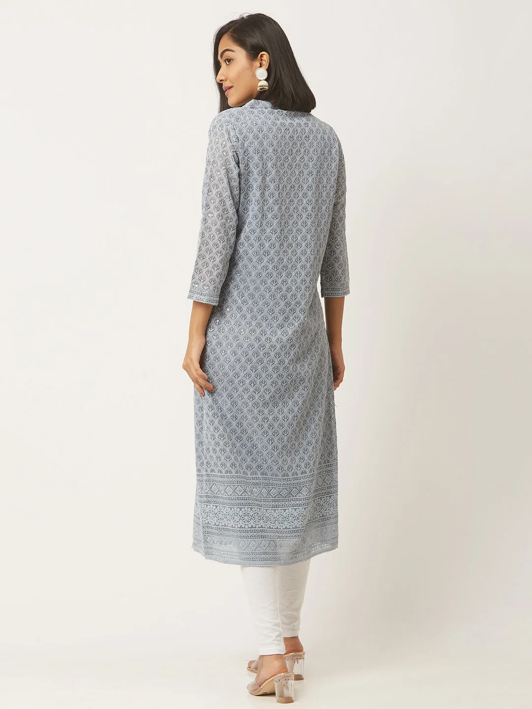 Grey Georgette Mandarin Collar 3/4th Sleeves Chikankari Embroidery Ethnic Wear Kurta for Women - ZOLA