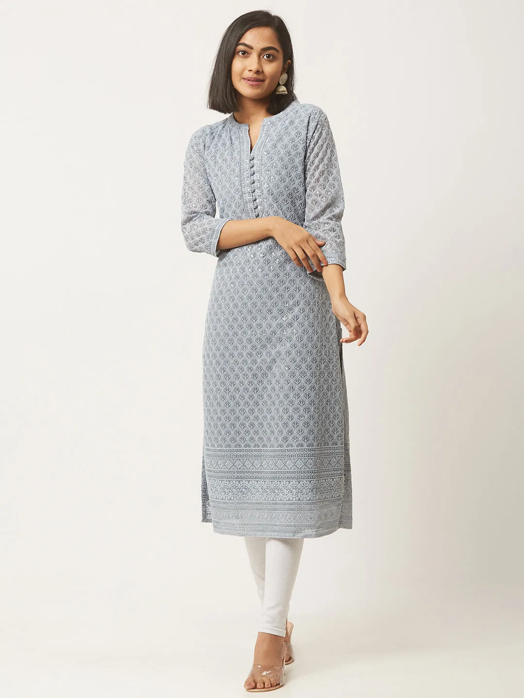 Grey Georgette Mandarin Collar 3/4th Sleeves Chikankari Embroidery Ethnic Wear Kurta for Women - ZOLA