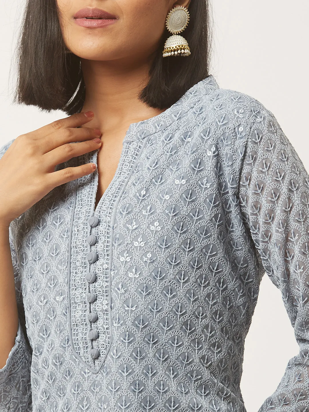 Grey Georgette Mandarin Collar 3/4th Sleeves Chikankari Embroidery Ethnic Wear Kurta for Women - ZOLA