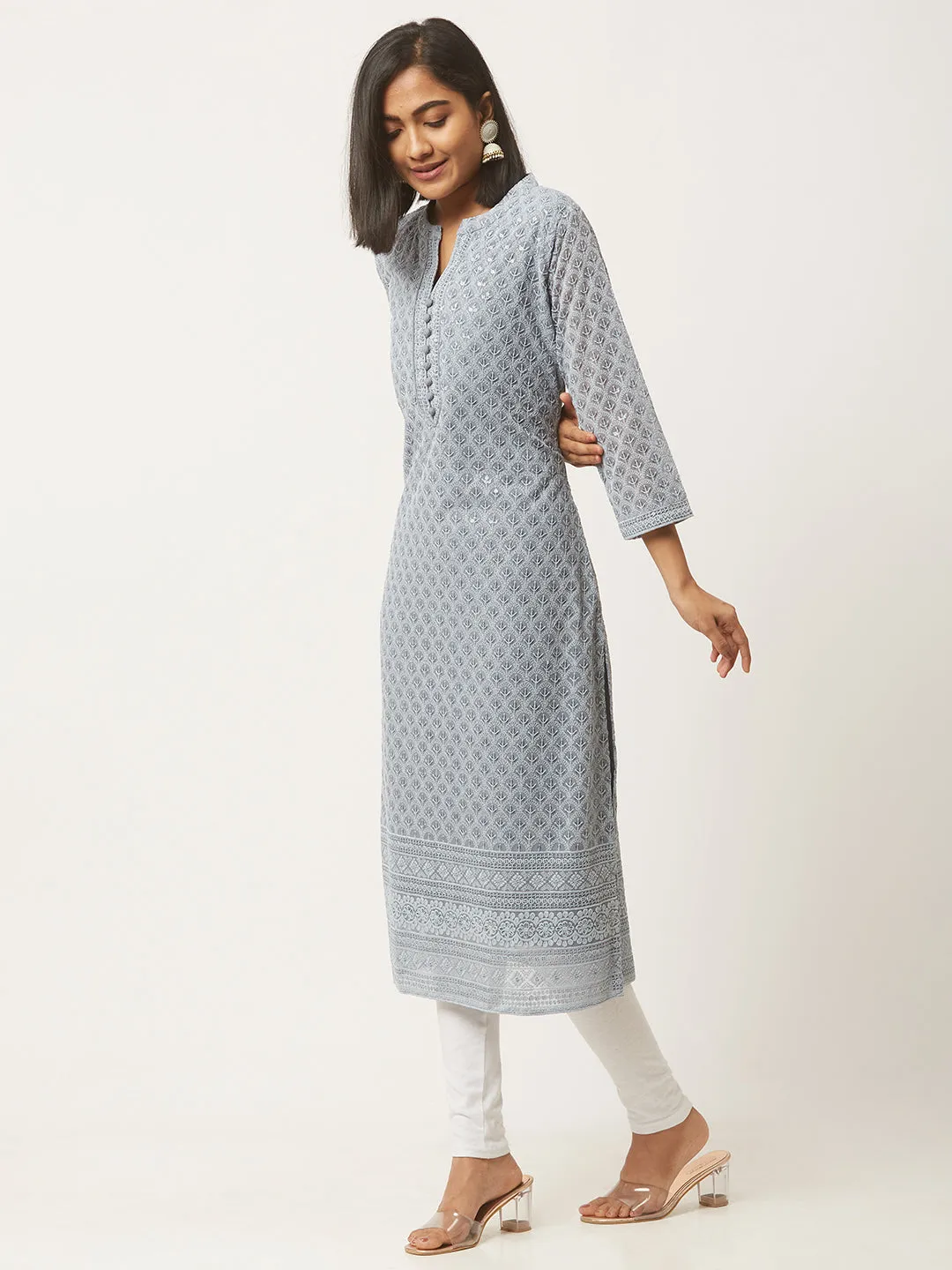 Grey Georgette Mandarin Collar 3/4th Sleeves Chikankari Embroidery Ethnic Wear Kurta for Women - ZOLA