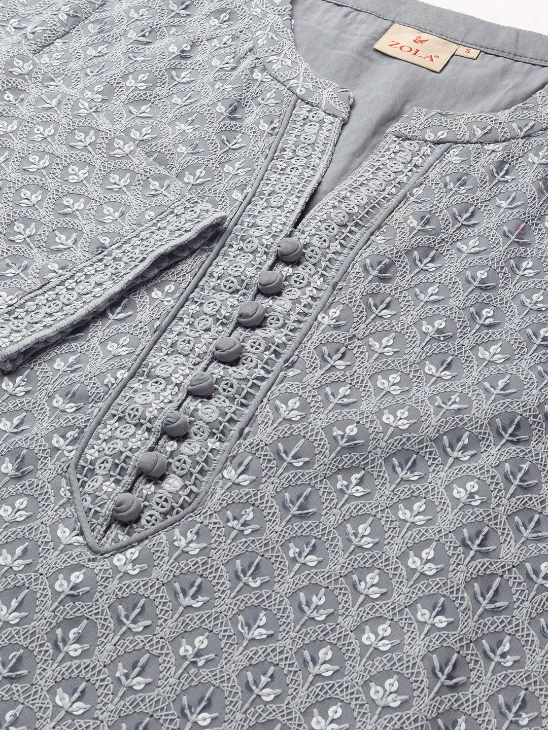 Grey Georgette Mandarin Collar 3/4th Sleeves Chikankari Embroidery Ethnic Wear Kurta for Women - ZOLA