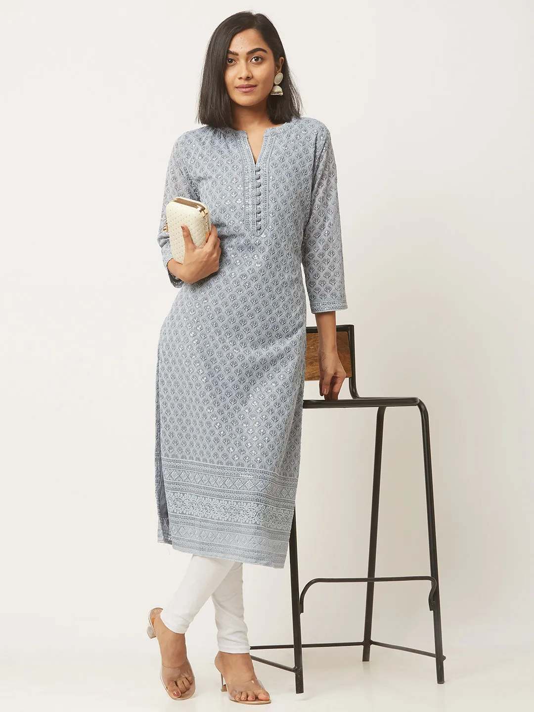 Grey Georgette Mandarin Collar 3/4th Sleeves Chikankari Embroidery Ethnic Wear Kurta for Women - ZOLA
