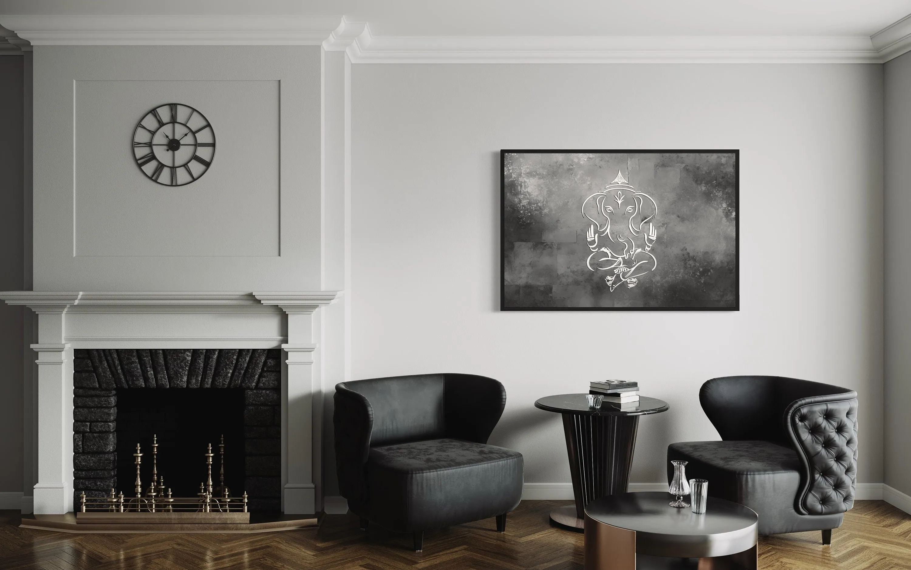 Grey Silver White Minimalist Lord Ganesh Framed Canvas Wall Art