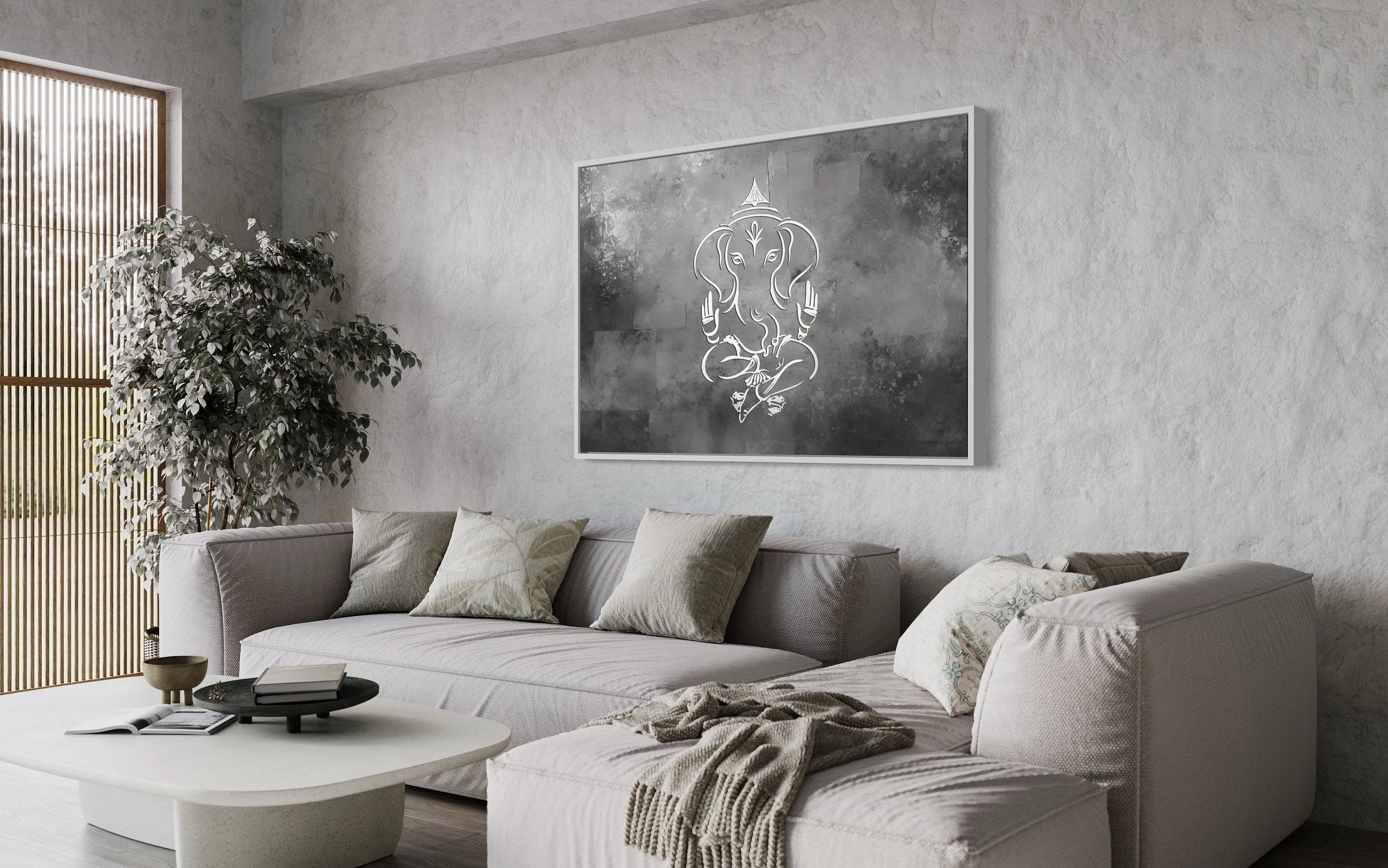 Grey Silver White Minimalist Lord Ganesh Framed Canvas Wall Art