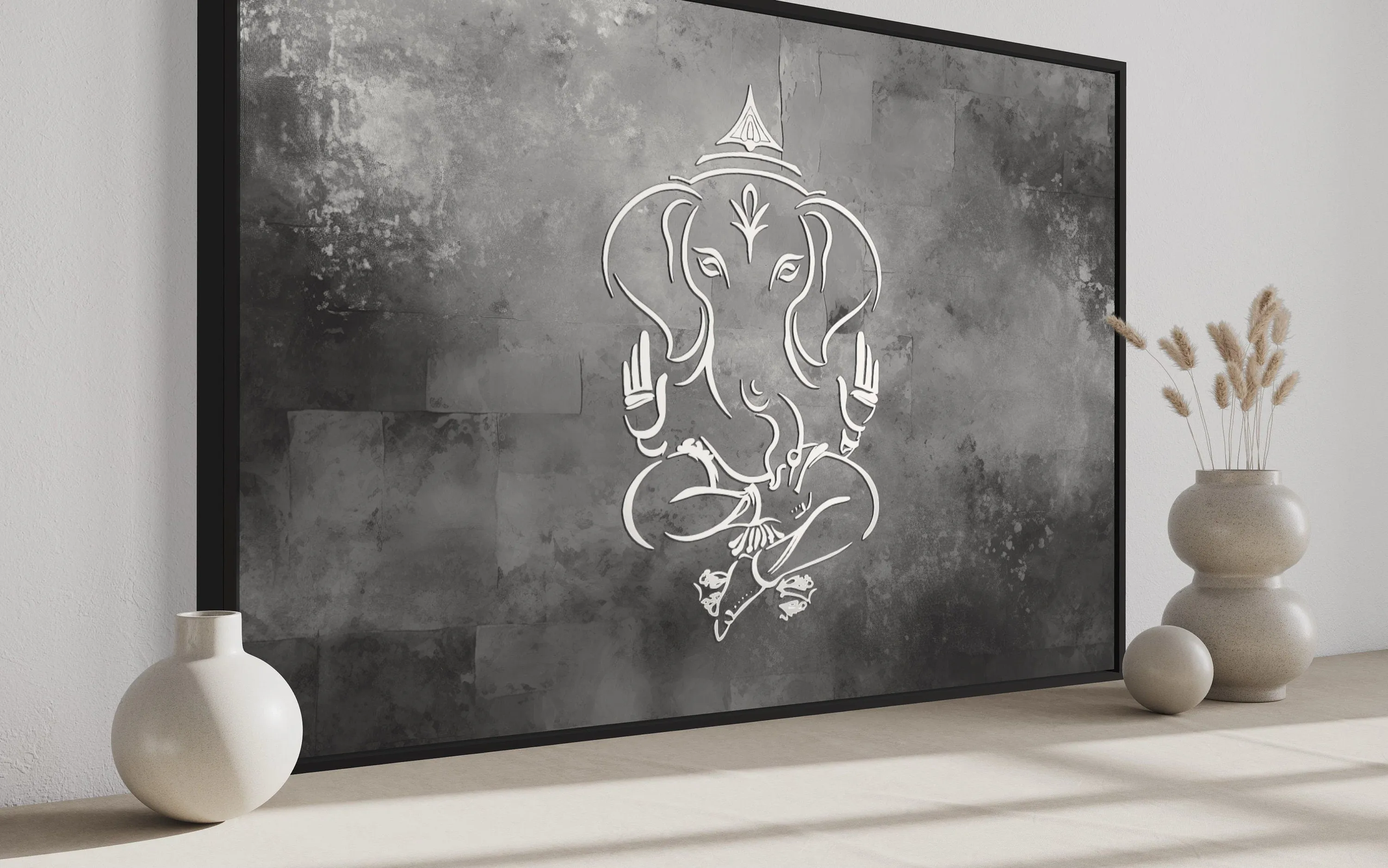 Grey Silver White Minimalist Lord Ganesh Framed Canvas Wall Art