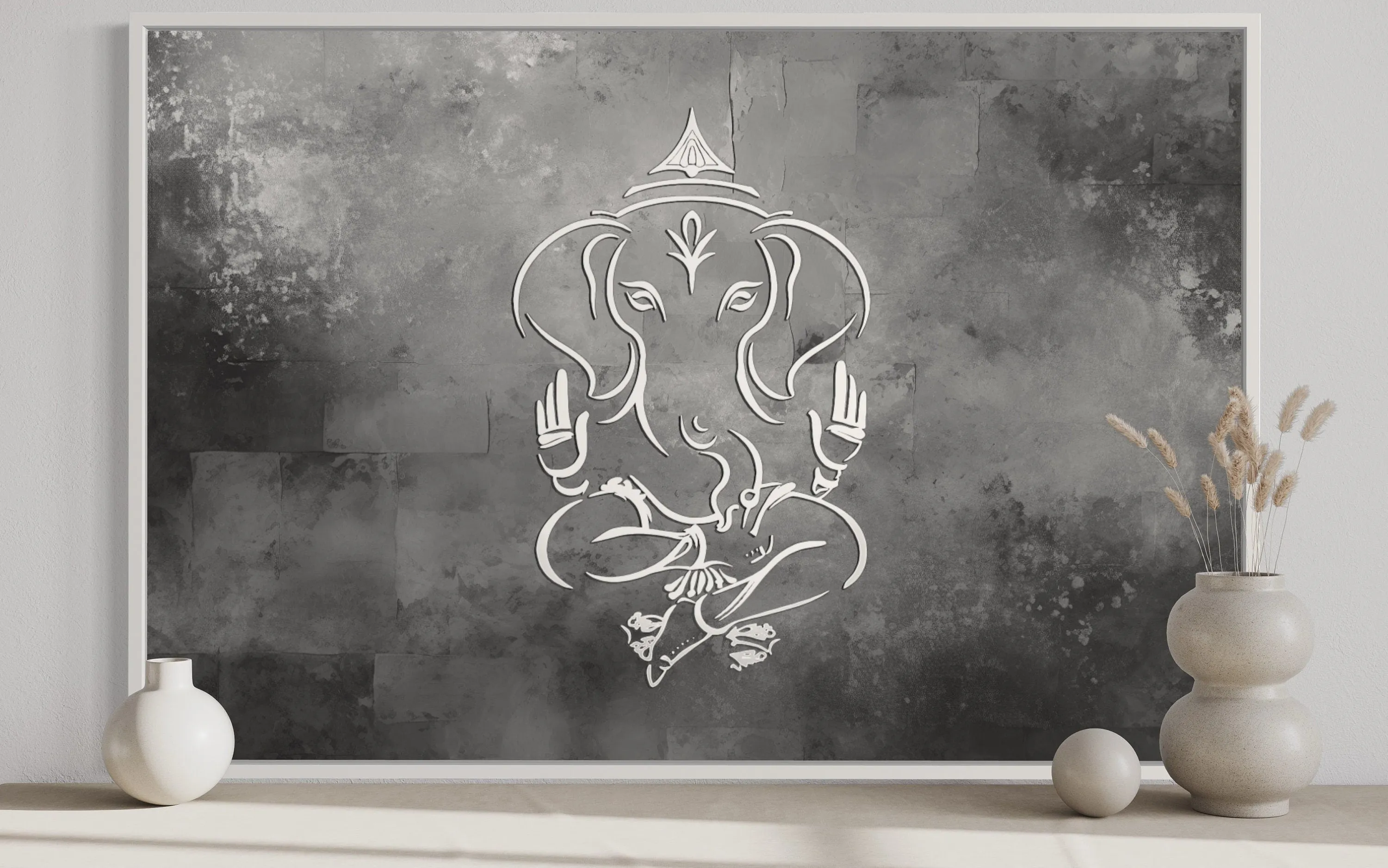 Grey Silver White Minimalist Lord Ganesh Framed Canvas Wall Art