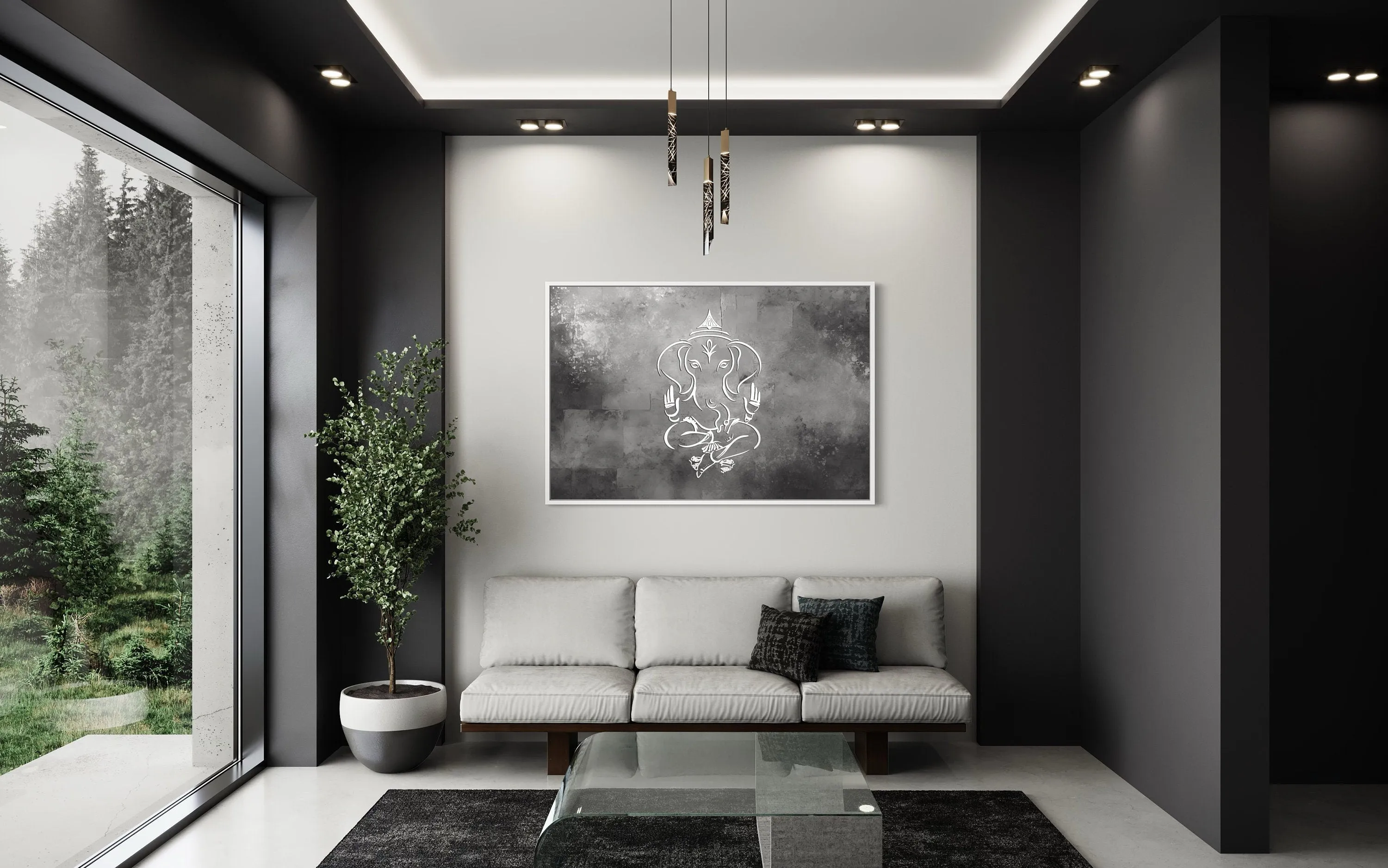 Grey Silver White Minimalist Lord Ganesh Framed Canvas Wall Art