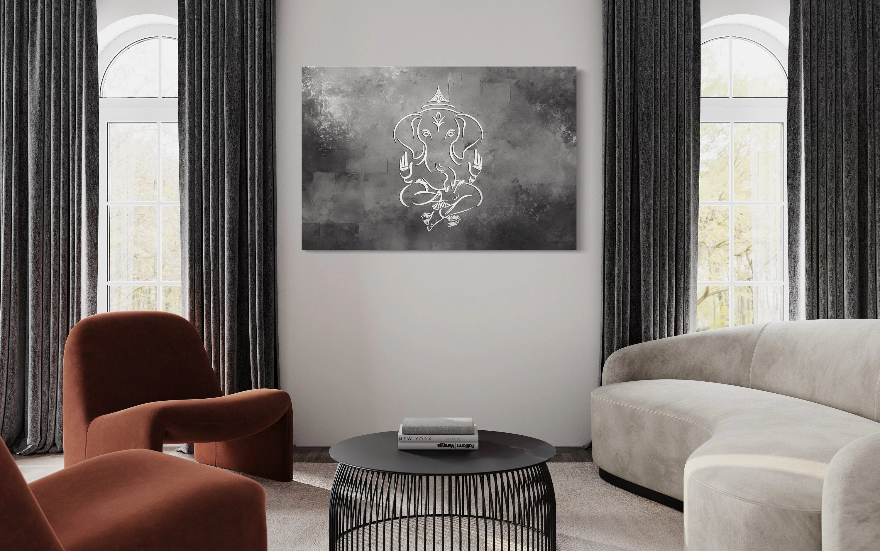 Grey Silver White Minimalist Lord Ganesh Framed Canvas Wall Art