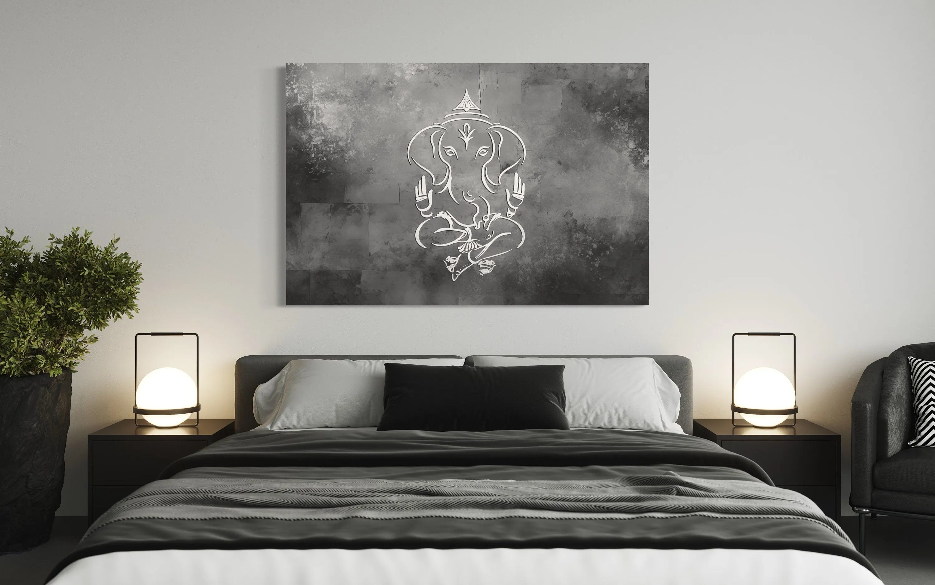 Grey Silver White Minimalist Lord Ganesh Framed Canvas Wall Art