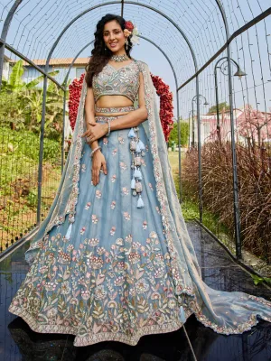 Grey Tissue Fabric with Sequinse & Thread embroidery Lehenga choli & Dupatta
