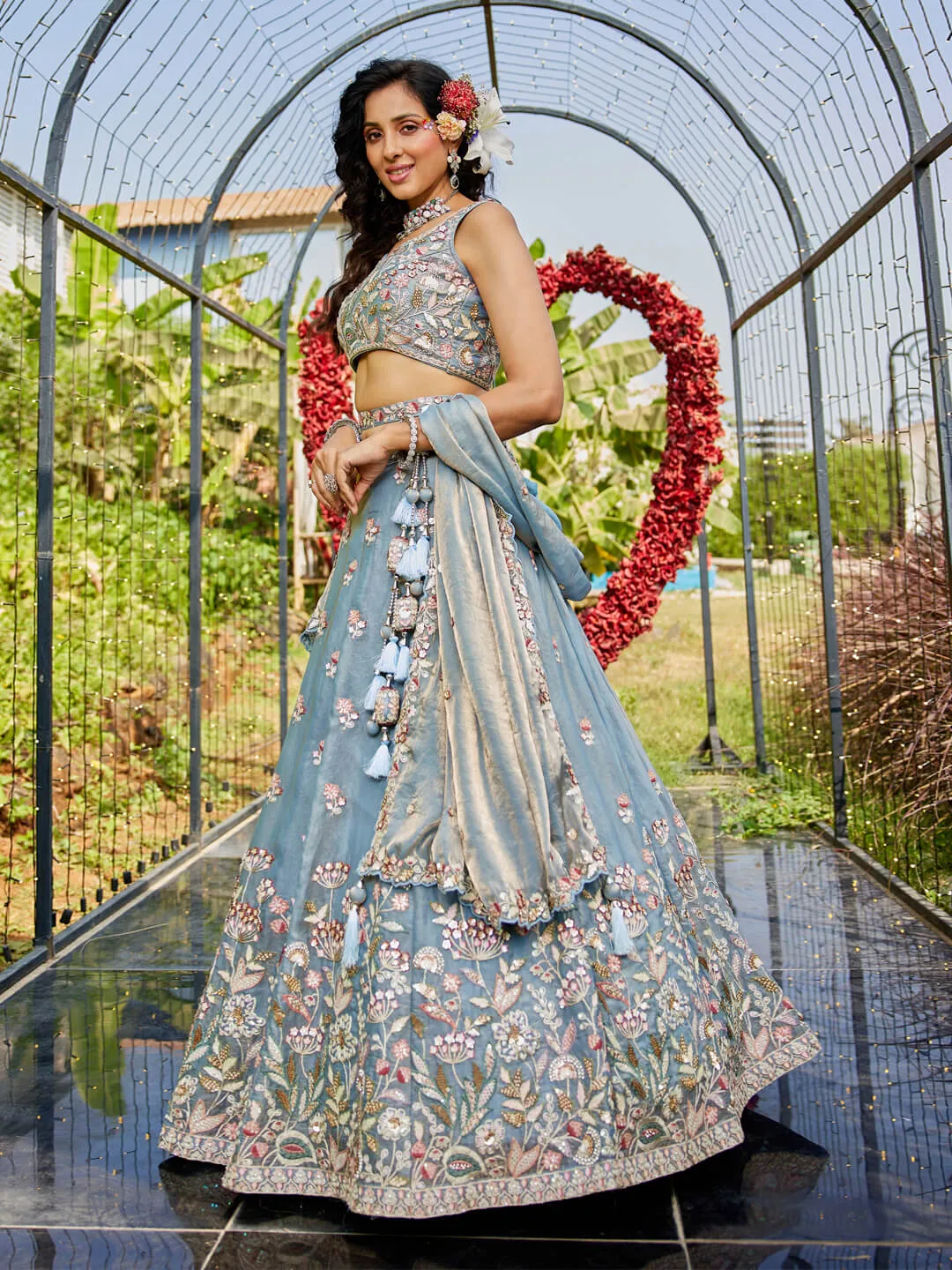 Grey Tissue Fabric with Sequinse & Thread embroidery Lehenga choli & Dupatta