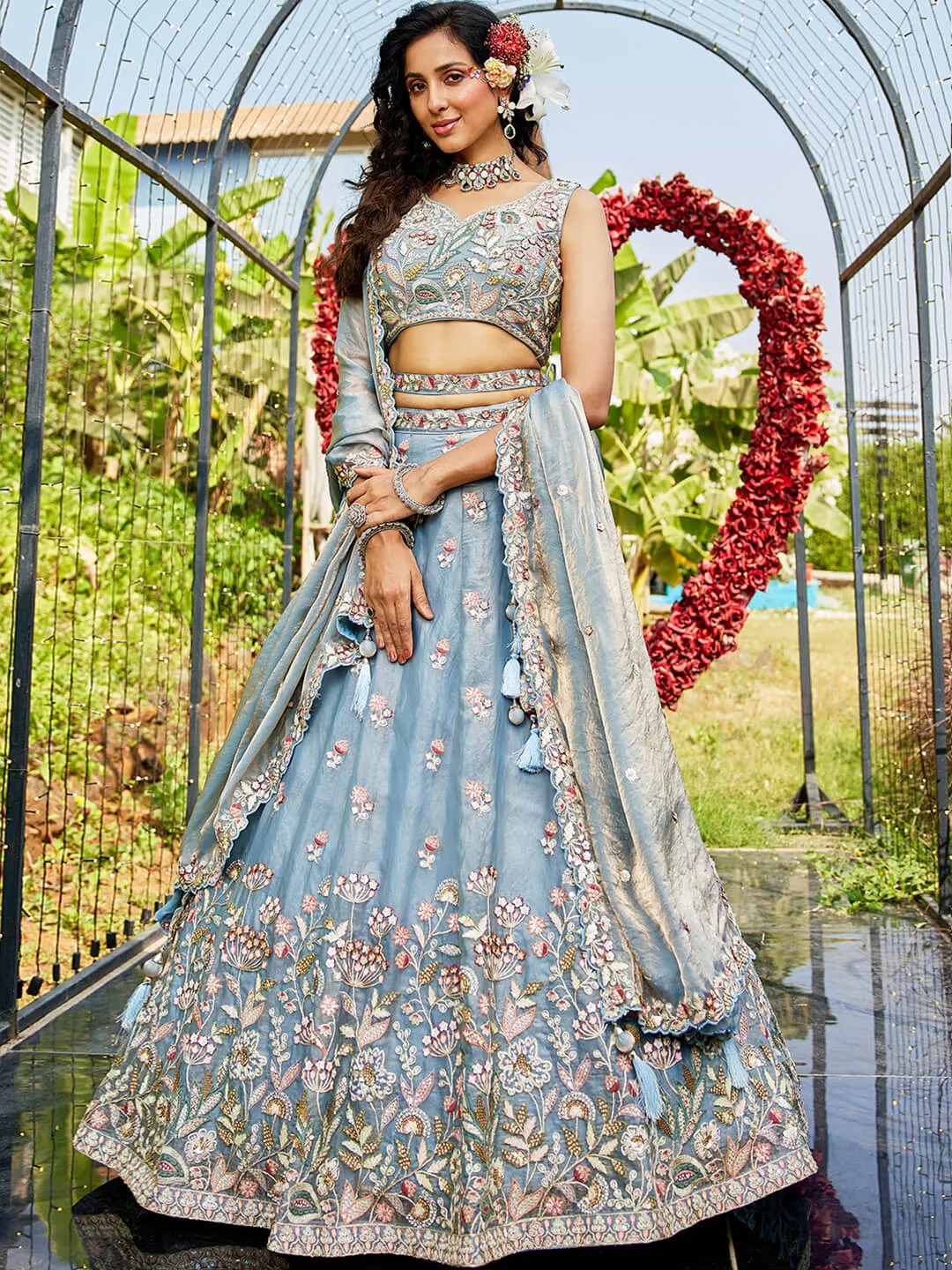 Grey Tissue Fabric with Sequinse & Thread embroidery Lehenga choli & Dupatta