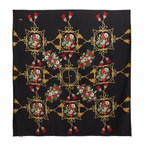 Gucci Floral and Tassel-print Silk Shawl in Black