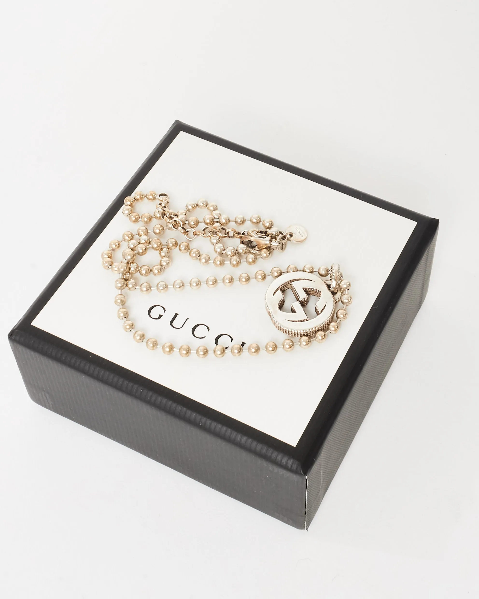 Gucci Silver Ball Chain Interlocking GG Logo Necklace