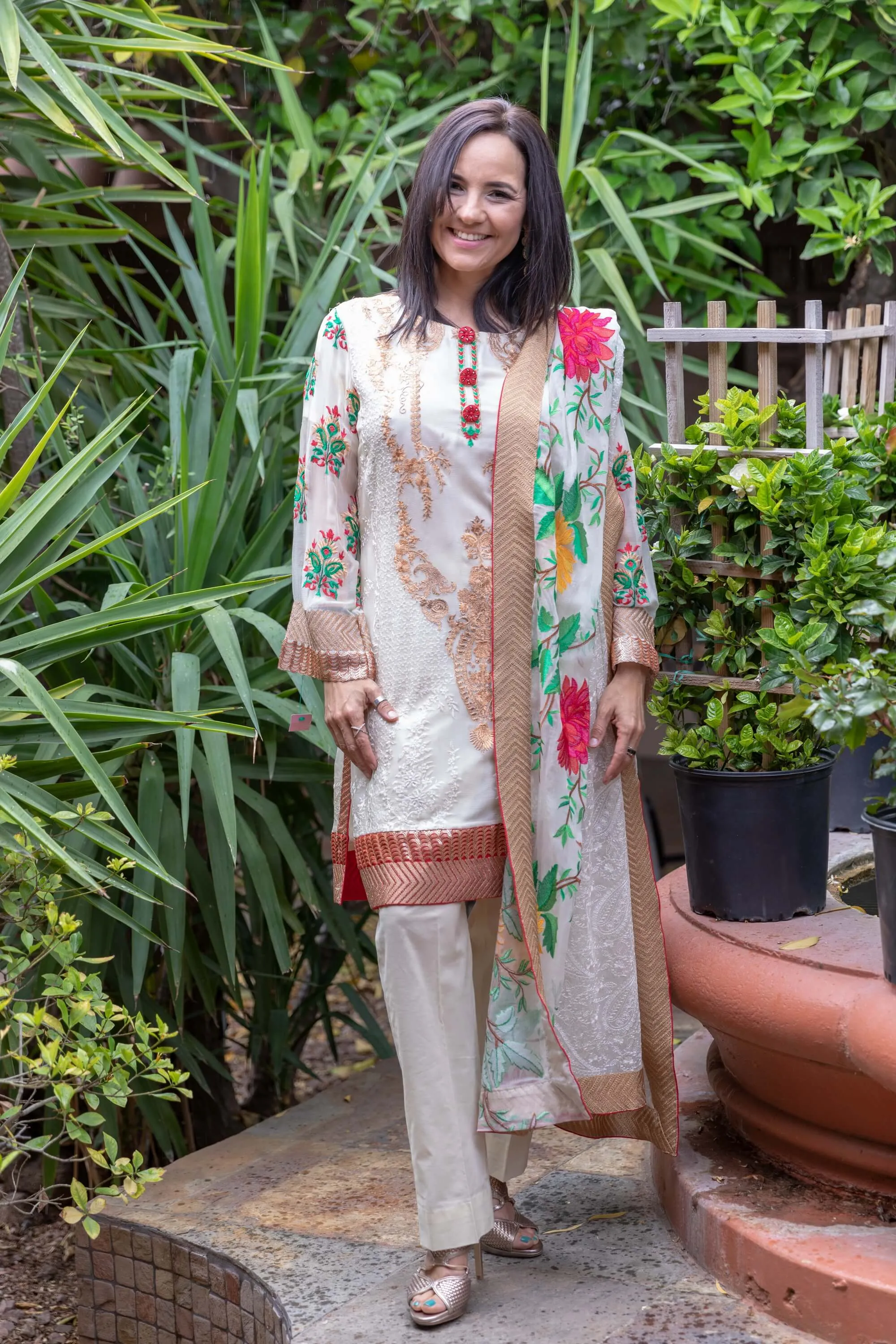 Gul Ahmed Beige Chiffon Embroidery Suit-Salwar Kameez