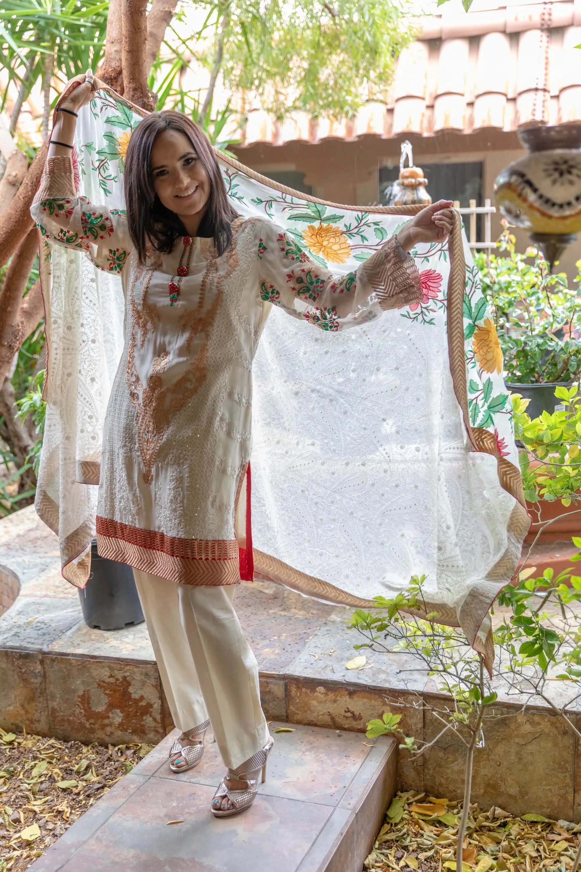 Gul Ahmed Beige Chiffon Embroidery Suit-Salwar Kameez